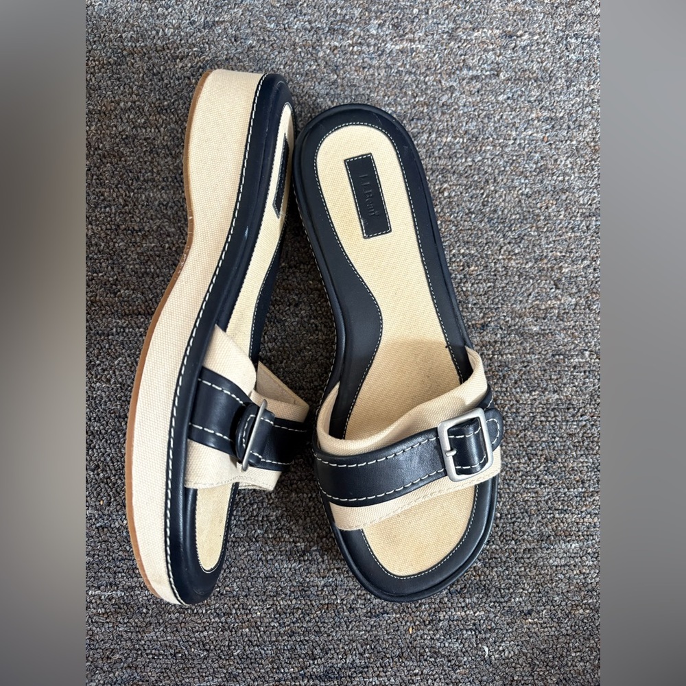 LL Bean Canvas and Leather Buckle Slides Size 8.5